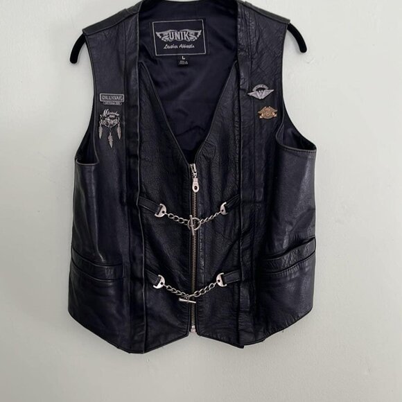 Vintage UNIK SZ LG Adjustable Leather Vest & Neck Cover Embroidered W/Event Pins - Picture 6 of 15